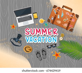 Summer holiday vacation concept, trunk and objects vector illustration