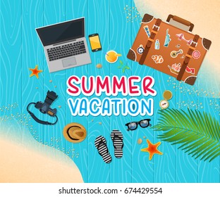 Summer holiday vacation concept, trunk and objects vector illustration