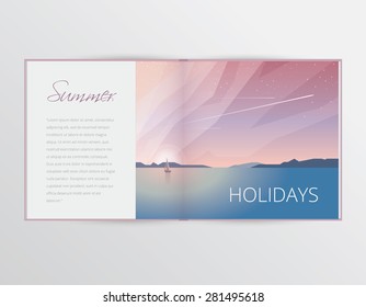 summer holiday vacation concept vector illustration for brochures, magazines and catalogs. Open brochure mockup. Ocean view landscape with sailing boats and airplane flights on purple sunset