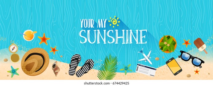 Summer holiday vacation concept, Wooden floor flat vector illustration