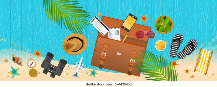 Summer holiday vacation concept, Wooden floor flat vector illustration