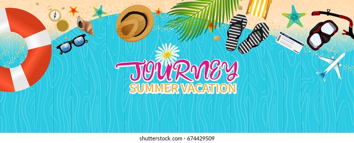 Summer holiday vacation concept, Wooden floor flat vector illustration