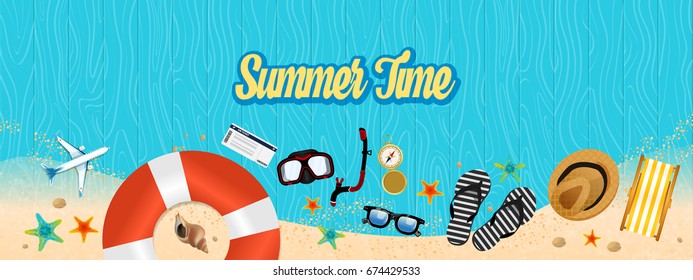 Summer holiday vacation concept, Wooden floor flat vector illustration