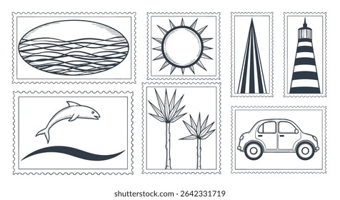 Summer Holiday Vacation Items and Activities Featuring Ocean Sun Dolphin Palm Trees Lighthouse Car