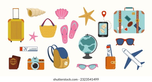 Summer holiday vacation journey illustrations collection. Flat style vector tropical beach trip icons set with suitcases, starfish, pasport, tickets, plane and slippers. Isolated