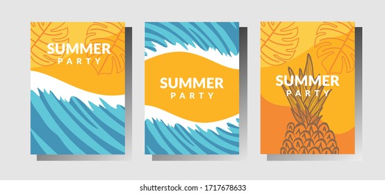 Summer, holiday, vacation, summer party poster set. Sea and beach illustration. Wave and surfing background.Summer fest vector cover. Electronic music retro poster. Modern club party flyer