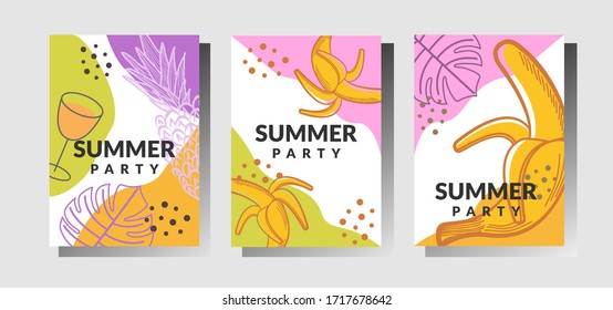 Summer, holiday, vacation, summer party poster set. Food and drink  illustration. Summer fest vector cover. Electronic music retro poster. Modern club party flyer