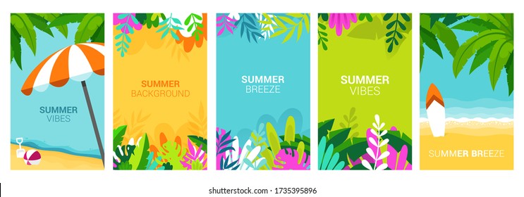 summer, holiday, vacation poster set. flat design. can be use for greeting and invitation card. background , backdrop. layout template in A4 size. vector illustration