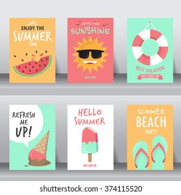 Summer, Holiday, Vacation Poster Set. Can Be Use For Greeting And Invitation Card.  Background , Backdrop. Flat Design. Vector Illustration