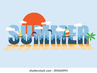 summer holiday, vacation poster set. can be use for greeting and invitation card, cover web page design, sale tag promotion.  background , backdrop. flat design. vector illustration