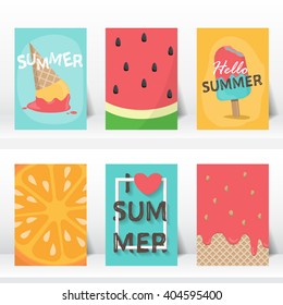 summer, holiday, vacation poster set.  flat and hand draw design. can be use for greeting and invitation card.  background , backdrop. vector illustration