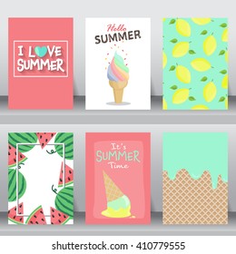 summer, holiday, vacation poster set. flat design. can be use for greeting and invitation card.  background , backdrop.  layout template in A4 size. vector illustration