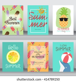 summer, holiday, vacation poster set. flat design. can be use for greeting and invitation card.  background , backdrop.  layout template in A4 size. vector illustration