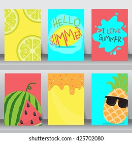 summer, holiday, vacation poster set. flat design. can be use for greeting and invitation card.  background , backdrop.  layout template in A4 size. vector illustration