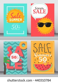 summer, holiday, vacation poster set. flat design. can be use for greeting and invitation card.  background , backdrop.  layout template in A4 size. vector illustration