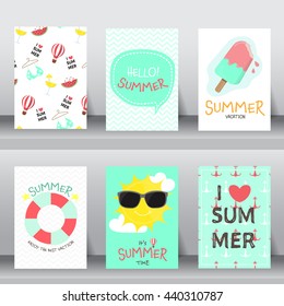 summer, holiday, vacation poster set. flat design. can be use for greeting and invitation card.  background , backdrop.  layout template in A4 size. vector illustration