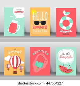 summer, holiday, vacation poster set. flat design. can be use for greeting and invitation card.  background , backdrop.  layout template in A4 size. vector illustration