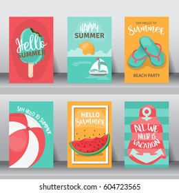 summer, holiday, vacation poster set. flat design. can be use for greeting and invitation card. background , backdrop. layout template. vector illustration