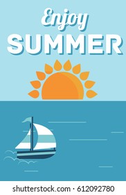 Summer, holiday, vacation poster set. Sea view boat and sun