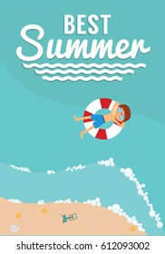 Summer, holiday, vacation poster set. Boy swimming in the sea