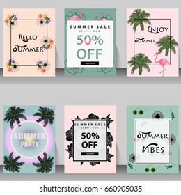 summer, holiday, vacation poster set. flat design. can be use for greeting and invitation card. background , backdrop. Vector illustration