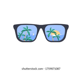 Summer holiday and vacation. Summer Sunglasses. The beach and the tropical sea with the setting sun are reflected in the sunglasses. Vector flat illustration.