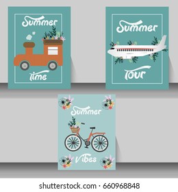 summer, holiday, vacation , tour poster set. Vintage , Retro design. can be use for greeting and invitation card. background , backdrop. layout template . vector illustration .