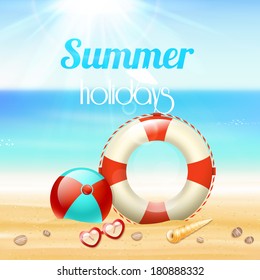 Summer holiday vacation travel background poster with sunglasses lifeline and starfish on beach sand vector illustration