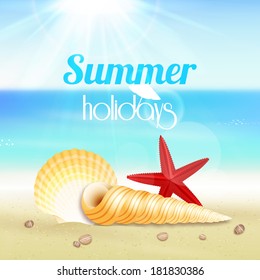 Summer holiday vacation travel background poster with seascape starfish and seashells vector illustration