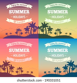 Summer holiday vacation travel background poster with sunset and palm trees vector illustration