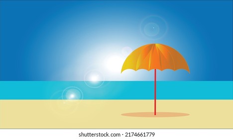 summer holiday vacation travel on sea with sand beach with umbrella and blue sky and sun with halo, vector illustration