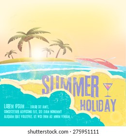 Summer holiday  - summer vacation vector design with hand drawn quote against a seascape. Vector background