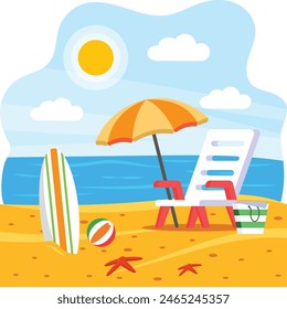 Summer holiday vacation, weekend recreation Exotic resort concept, Deck chair under sun umbrella vector colorful design, Nature and landscape postcard, Scenic Warm Season Vibes Sign,  Idyllic Remote 