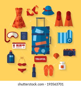 Summer holiday vacation woman items. Flat icons design. Vector illustration