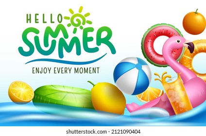 Summer time vector template design. It's summer time text in circle shape  space template with floating tropical season objects for holiday season  messages. Vector illustration. Stock Vector