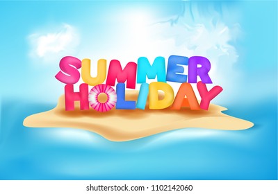 Summer Holiday vector banner design concept of 3d text in beach island in blue sky background. Vector illustration.