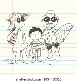 summer holiday vector with cartoon family illustration, doodle vector