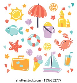 Summer holiday vector colorful icons on white. Set for summer events and sea vacation. Sun, umbrella, sand castle, starfish, fish, lifebuoy, lemon, crab, travel case, icecream, cocktail, boat.