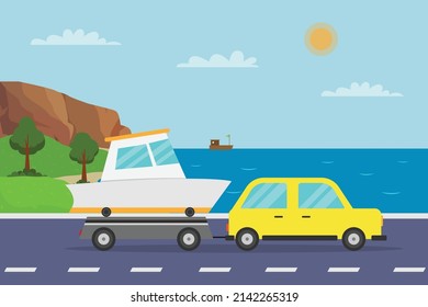 Summer Holiday Vector Concept. Car Towing A Boat While Moving On The Road With Beach Background