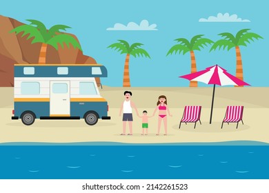 Summer holiday vector concept. Happy young family standing near the van while enjoying summer holiday on the tropical beach