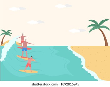Summer holiday vector concept: Little boy surfing with his father and grandfather while enjoying holiday in the beach