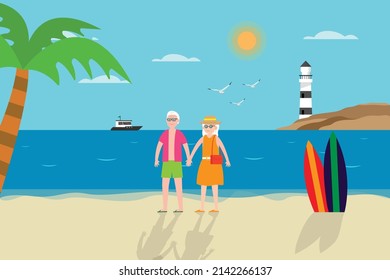 Summer holiday vector concept. Old couple holding hands together while standing on the tropical beach