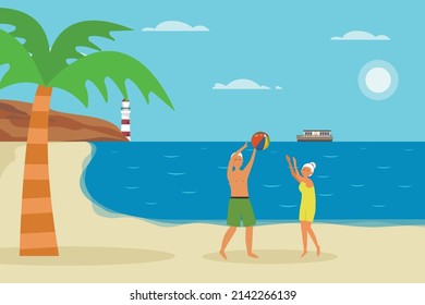 Summer Holiday Vector Concept. Old Couple Playing Volley Ball In The Beach While Enjoying Leisure Time Together