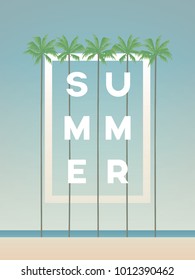 Summer holiday vector concept with palm trees on beach and creative typography title. Eps10 vector illustration.