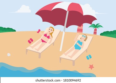 Concepto vectorial de vacaciones de verano: Dos jóvenes mujeres relajándose en la tumbona mientras toman el sol juntas 