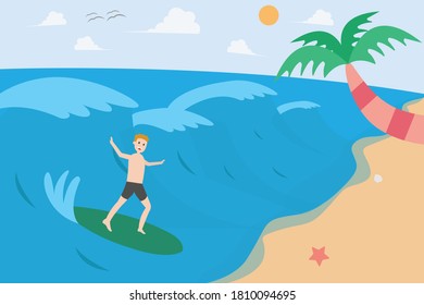 Summer holiday vector concept: Young man enjoying holiday by surfing on the wave at beach
