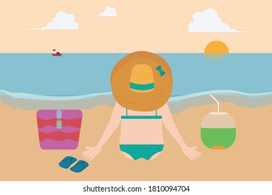 Concepto vectorial de vacaciones de verano: Mujer joven sentada en la playa mirando la puesta de sol con bebida de coco 