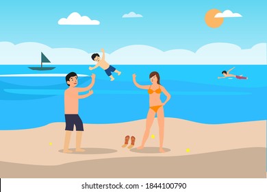 Summer holiday vector concept: Young parents and little son playing on the beach while enjoying summer holiday