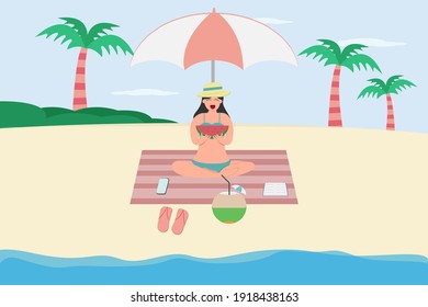 Summer holiday vector concept: Young woman eating fresh watermelon while sitting under the umbrella in the beach