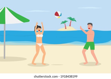 Summer Holiday Vector Concept: Young Couple Playing Volley Ball In The Beach While Enjoying Leisure Time Together